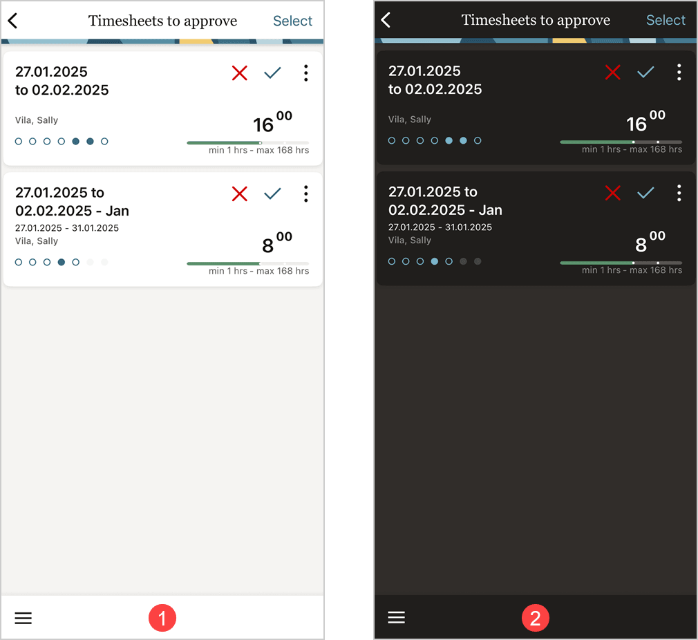 Timesheets to approve screen with light theme and dark theme.