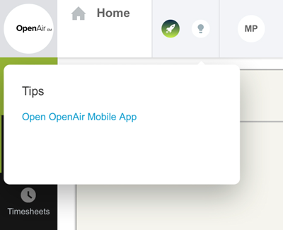 OpenAir Mobile Tips Menu to set your preferred Application