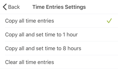 Time entries settings in OpenAir Mobile