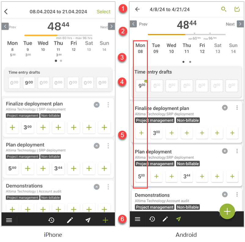 Timesheets in OpenAir Mobile for iPhone and Android