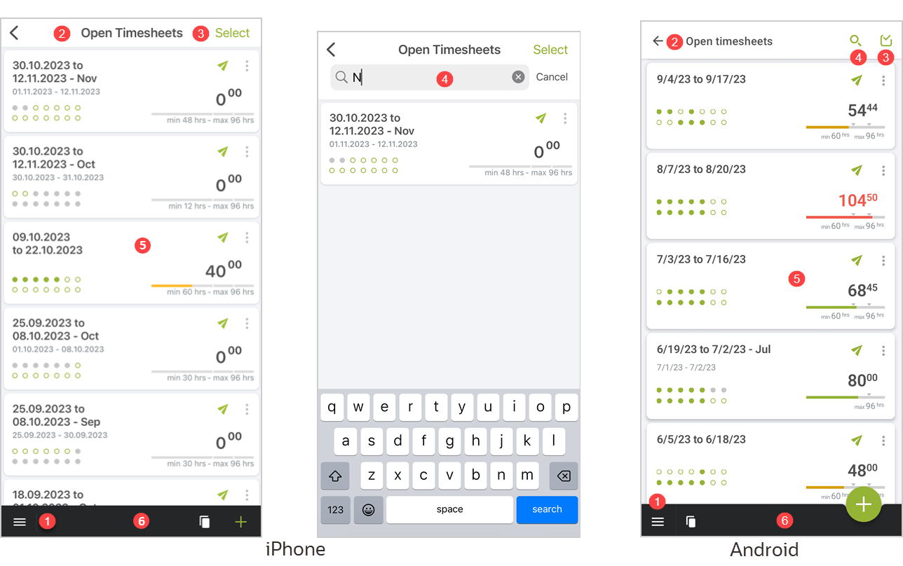 Nanigating timesheets screenshot on OpenAir Mobile for iPhone