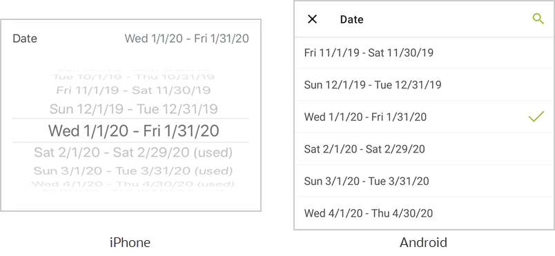 Date selection for a timesheet on iPhone and Android