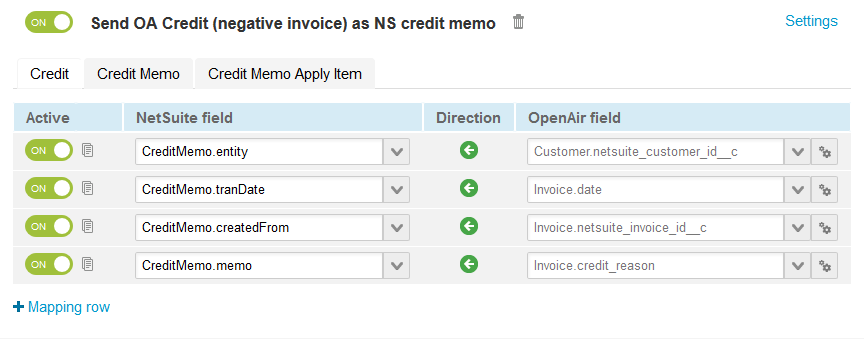 Default field definition mappings for the Send OpenAir Credit (negative invoice) as NetSuite Credit Memo export workflow Credit mapping group.