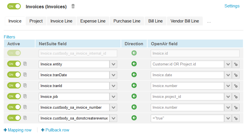Default field definition mappings for the Invoices (Invoices) export workflow Invoice mapping group.