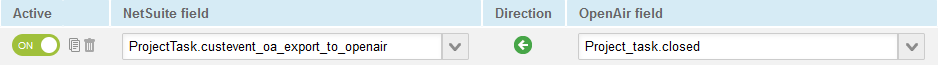 Field mapping definition setting the Export to OpenAir check box on the Project Task in NetSuite depending on the Closed task check box on the OpenAir task.