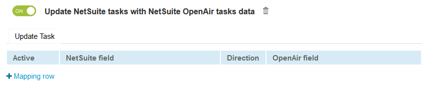 Default field definition mappings for the Update NetSuite Tasks with OpenAir Task Data export workflow.