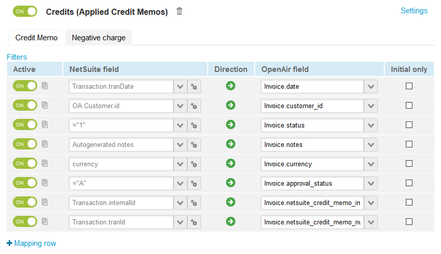 Default field definition mappings for the Credits (Applied Credit Memos) import workflow Credit Memo mapping group.