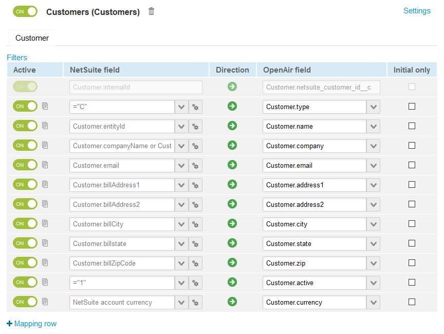 Default field definition mappings for the Customers (Customers) import workflow.