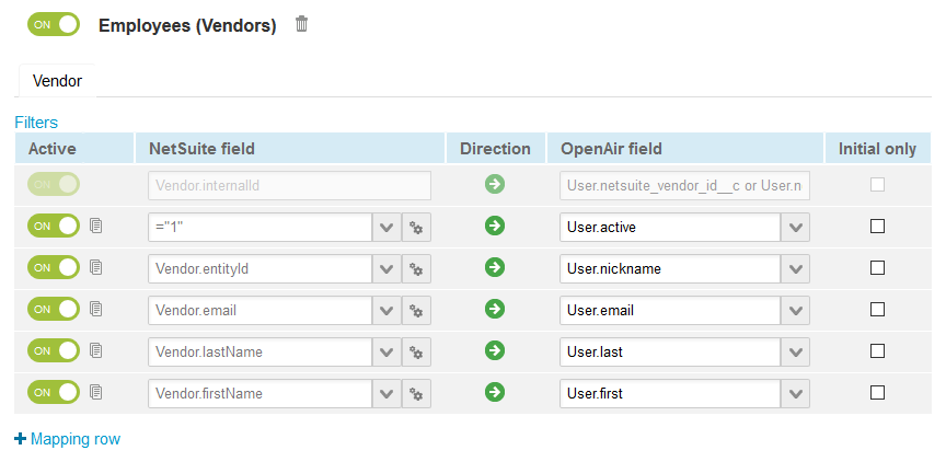 Default field definition mappings for the Employees (Vendors) import workflow.