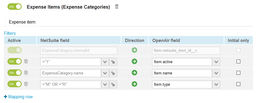 Default field definition mappings for the Expense Items (Expense Categories) import workflow.