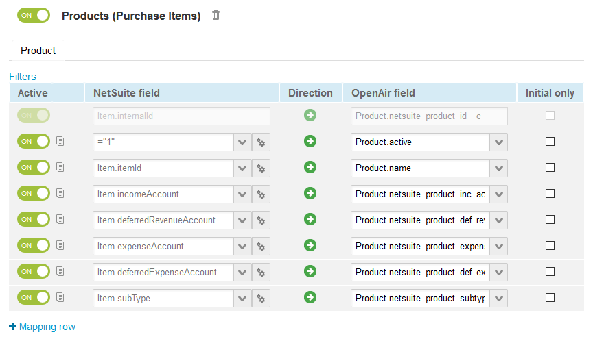 Default field definition mappings for the Products Purchase Items) import workflow.