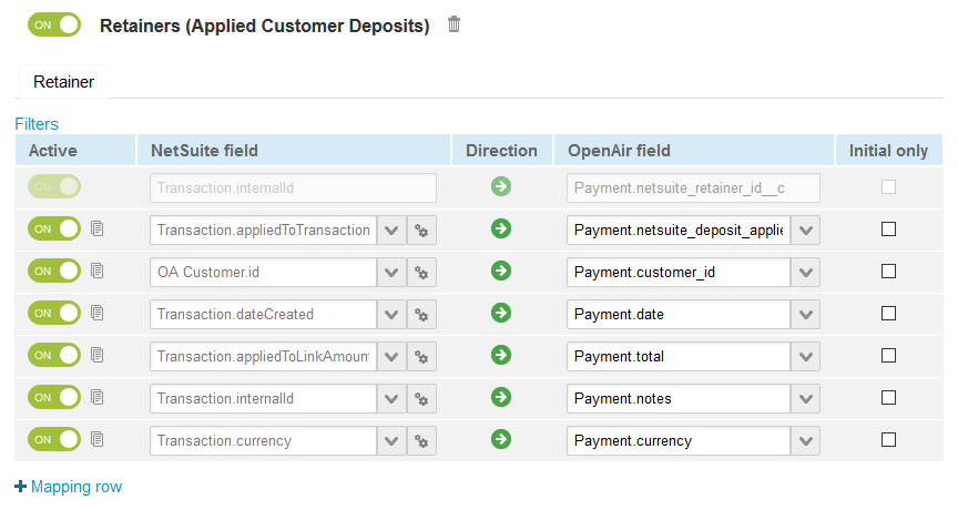 Default field definition mappings for the Retainers (Applied Customer Deposits) import workflow.