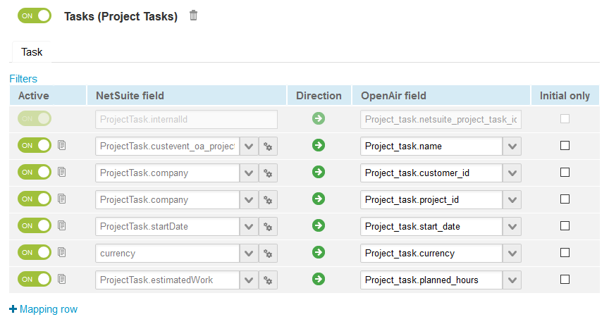 Default field definition mappings for the Tasks (Project Tasks) import workflow.