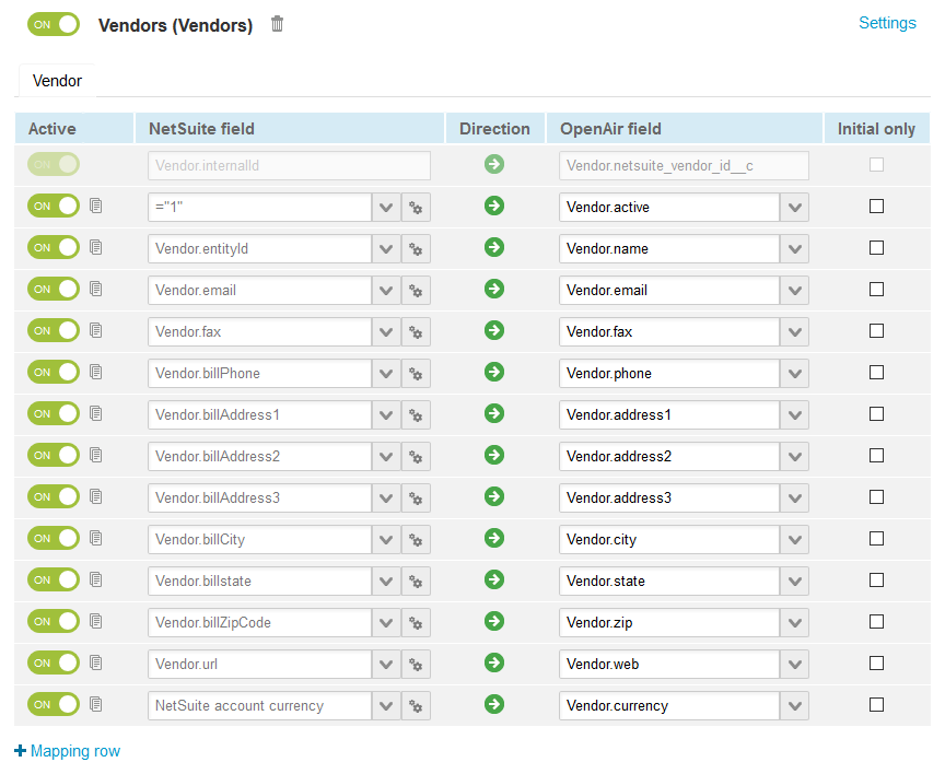 Default field definition mappings for the Vendors (Vendors) import workflow.