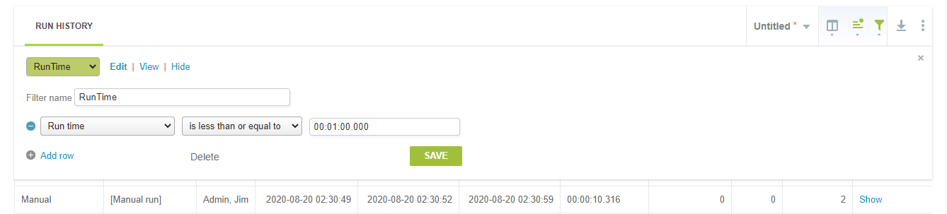 Using advanced filters to show only integration runs with run times under an hour.
