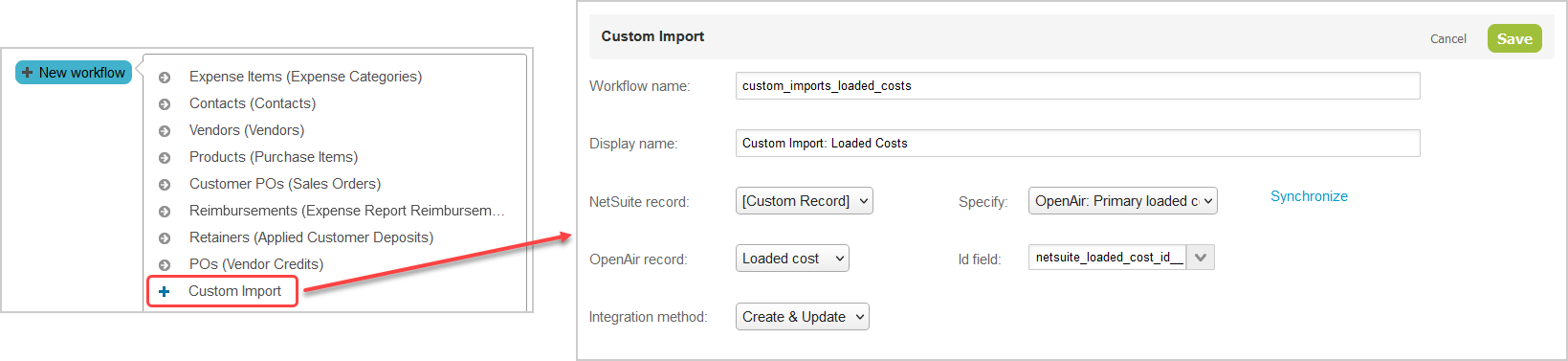 Custom workflow settings popup window.