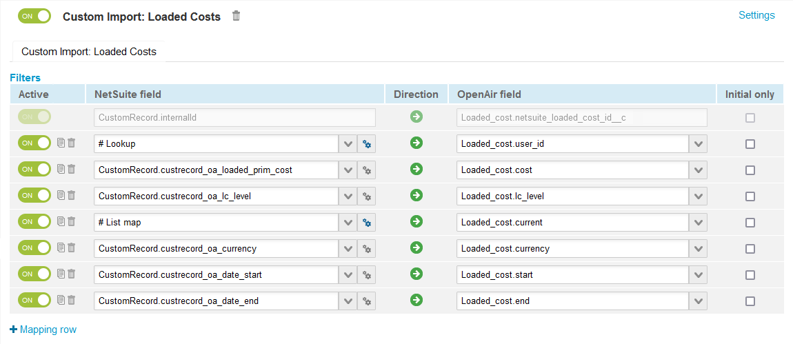 Filed mapping definition table for a custom workflow.