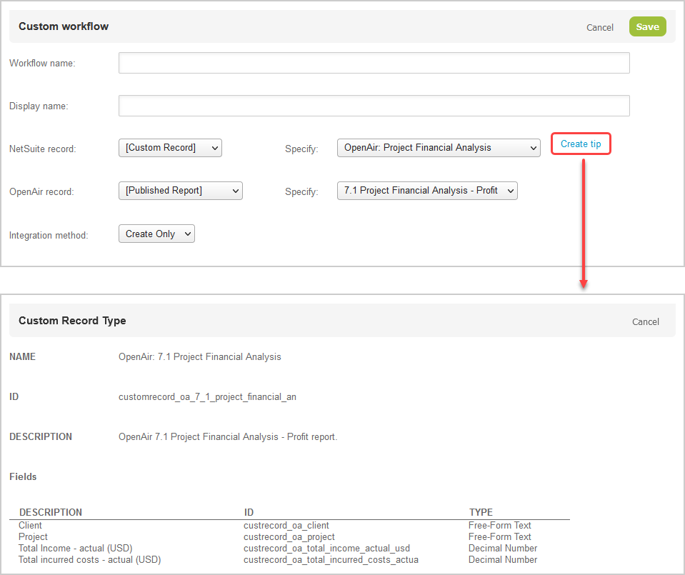 Custom workflow settings form and on-screen tips for creating custom records to store exported report data in NetSuite.