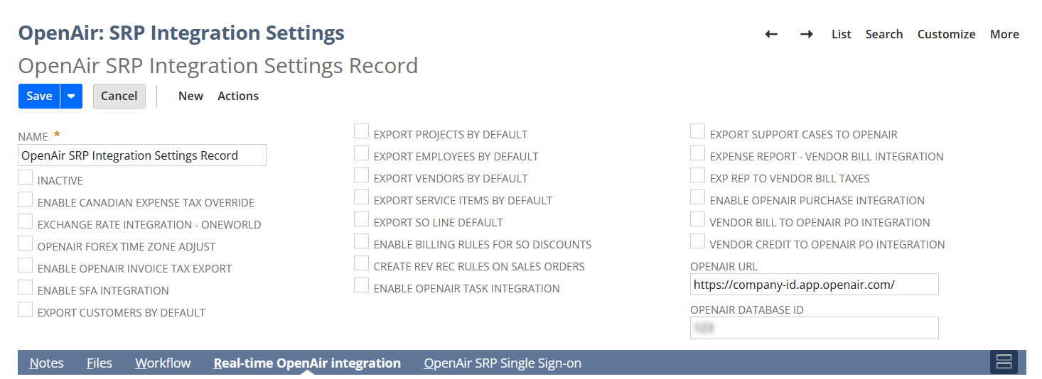 OpenAir SRP Integration Settings record holding integration preferences in NetSuite.