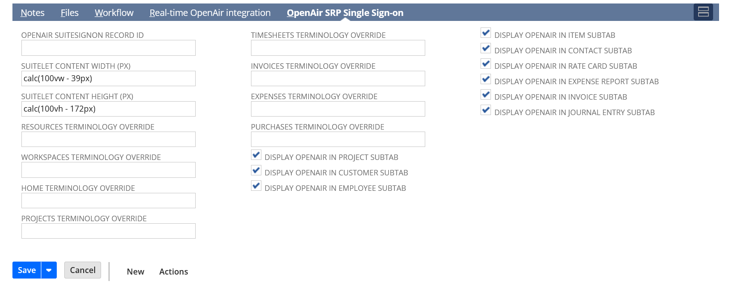NetSuite OpenAir SRP Single Sign-on preferences in NetSuite.