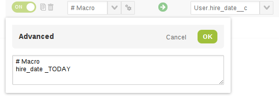 Setting the OpenAir custom field User.hire_date__c to today's date using the macro _TODAY.