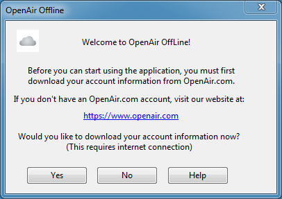 OpenAir OffLine dialog box prompting to download your account information.