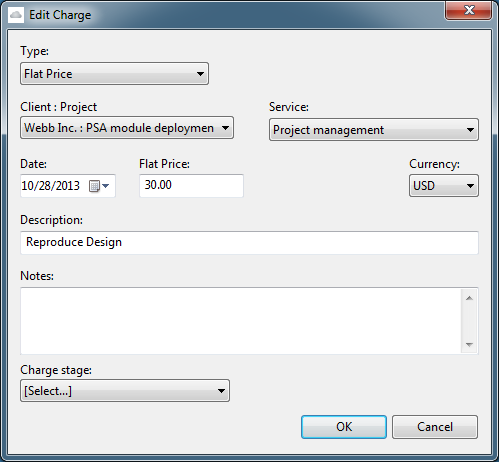 Edit Charge window in OpenAir OffLine.