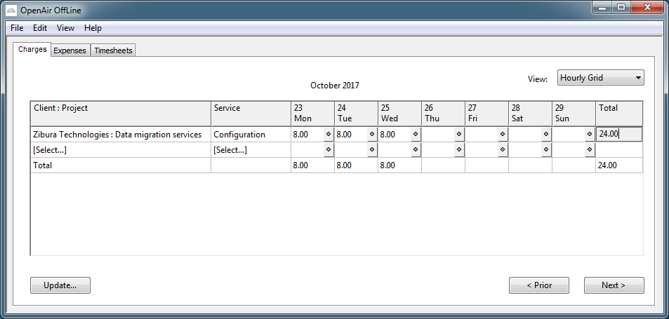 Charges tab using the hourly grid view in OpenAir OffLine.