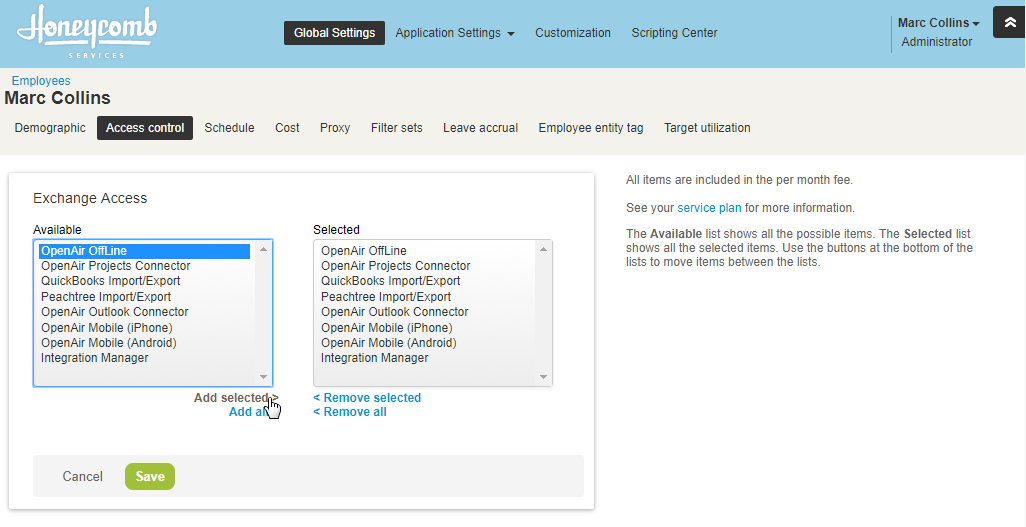 User Access Control page in OpenAir