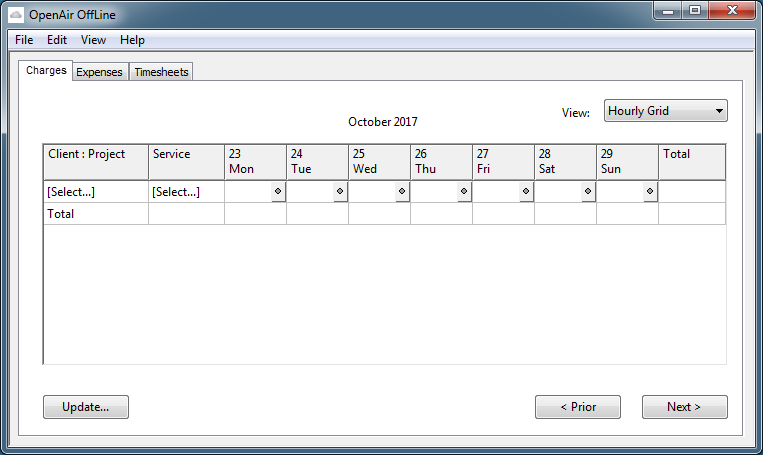 Charges tab using the hourly grid view in OpenAir OffLine.