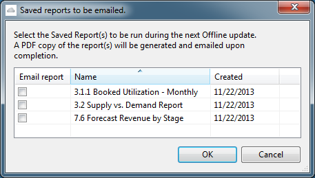 Saved reports to be emailed window in OpenAir OffLine.