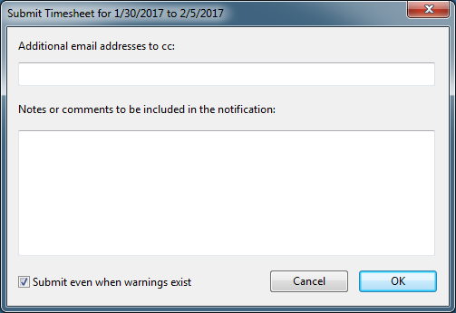 Submit Timesheet window in OpenAir OffLine.