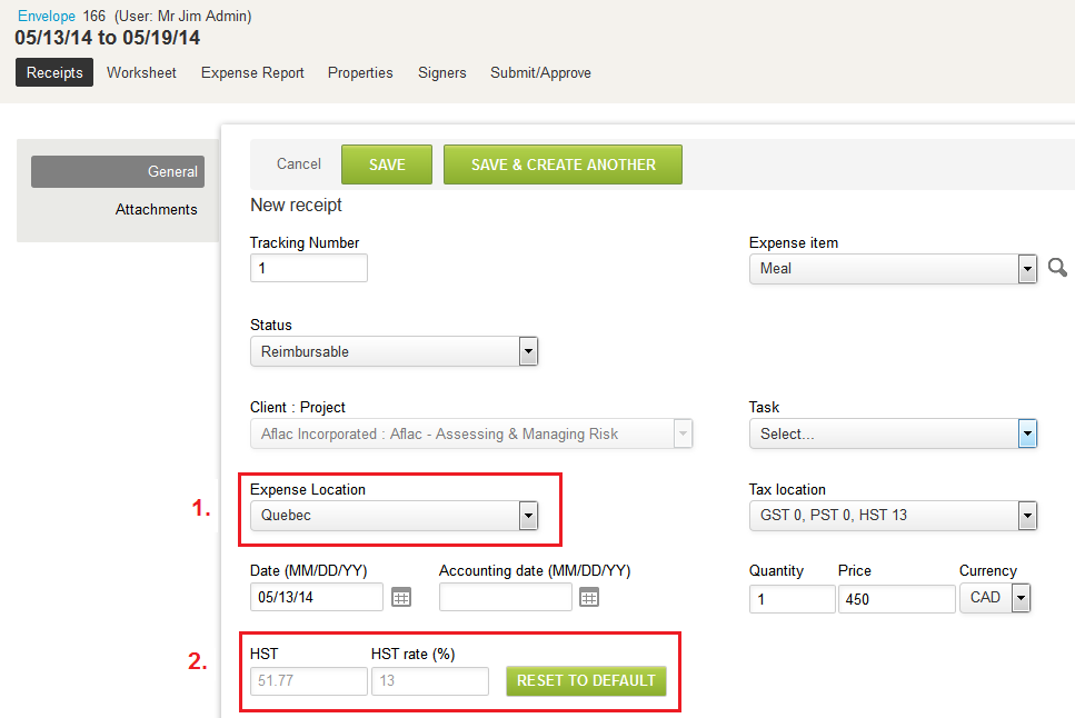 Receipt form showing the Tax location set automatically in function of the Expense location.