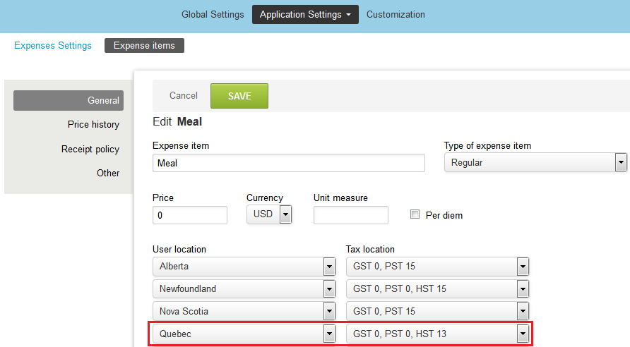 Employee location and Tax location mapping on teh Expense item form.