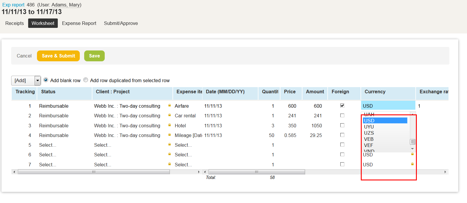 Expenses worksheet showing a Currency dropdown for each row.