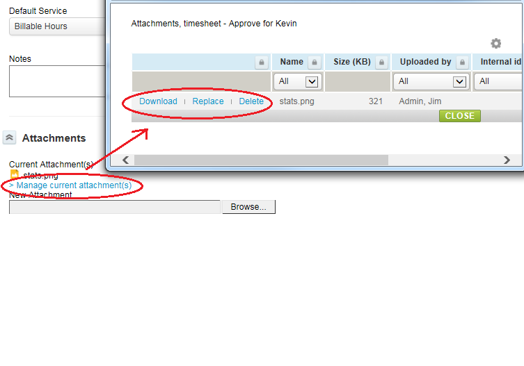 Manage attachments popup window showing the Download, Replace and Delete links.