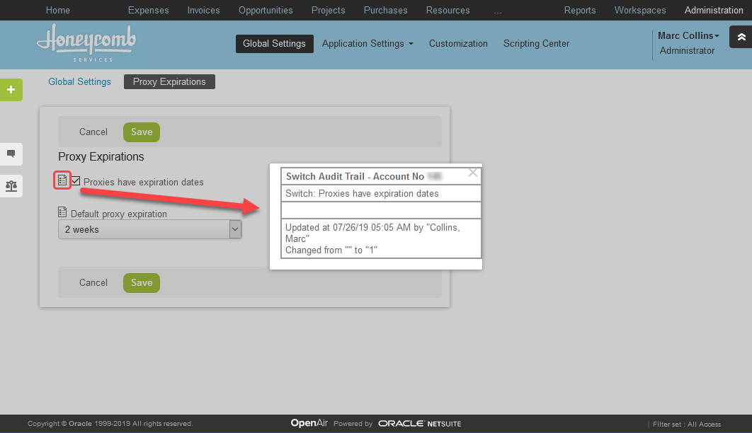 Global settings switch audit trail in OpenAir