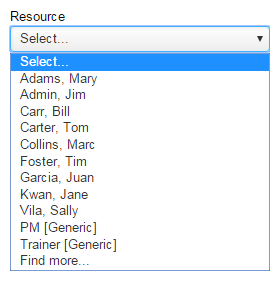 Resource dropdown list showing individual resources in Last Name, Fits Name format.
