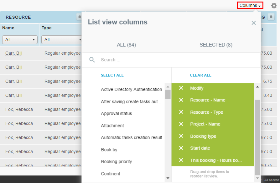 List view columns selection panel.