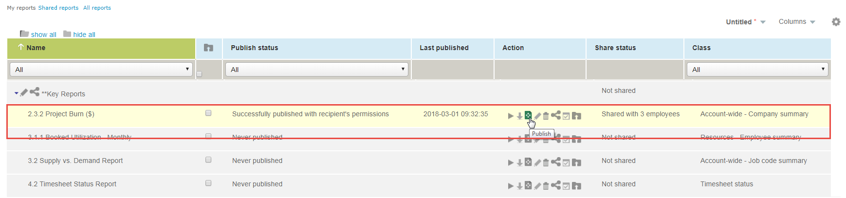 Saved Reports list view showing the publish icon in the Actions column.