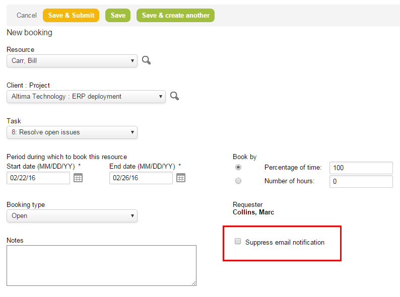 Booking form showing the "Suppress email notification" check box.