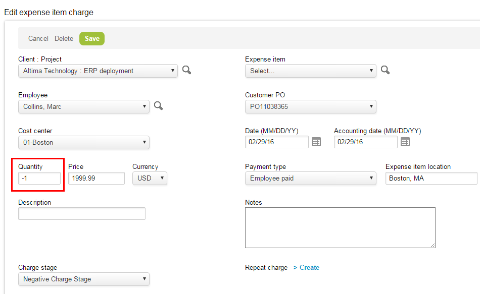 Expense iten charge showing -1 in the Quantity field.