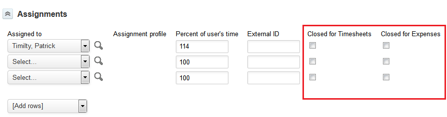 Assignemnts section of the Task entity form showing Closed for Expenses and Timesheets boxes.