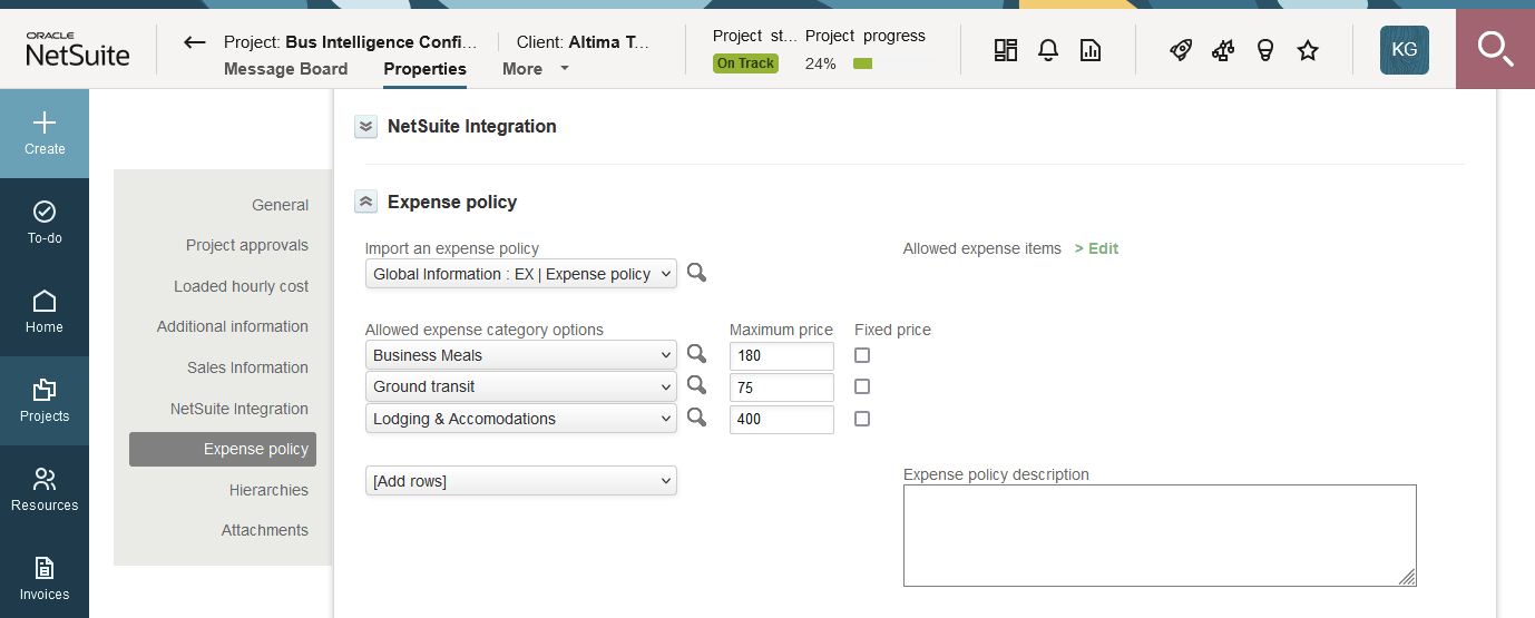 Project expense policy settings on the Project properties form.