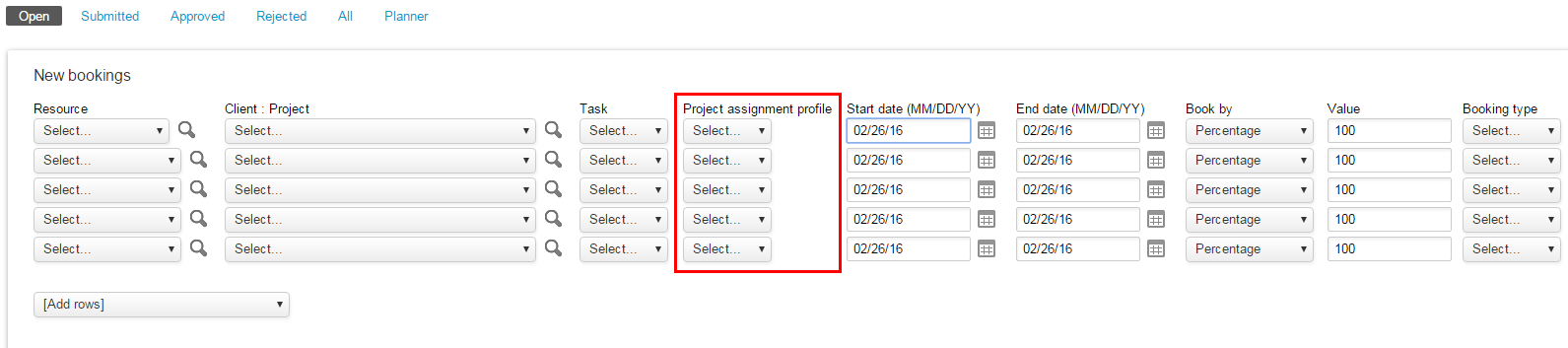 Project assignment profile field on the New multiple bookings form in OpenAir