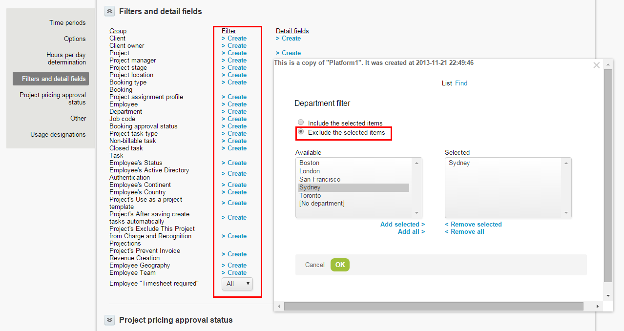 Filters and detail fields section of the report properties form with the option to exclude selected items.