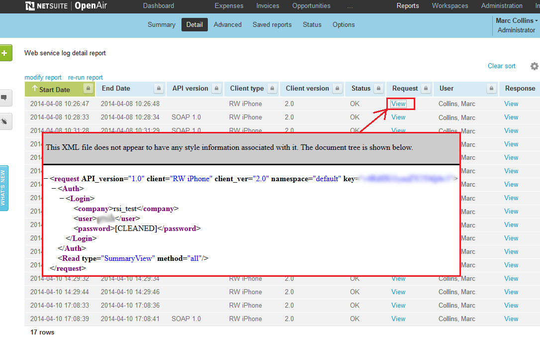 Example of web services log report.
