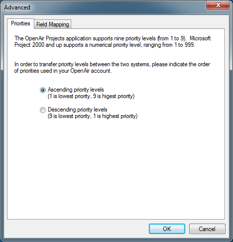 Advanced OpenAir Import Settings Priorities tab in Microsoft Project using the OpenAir toolbar add-in.