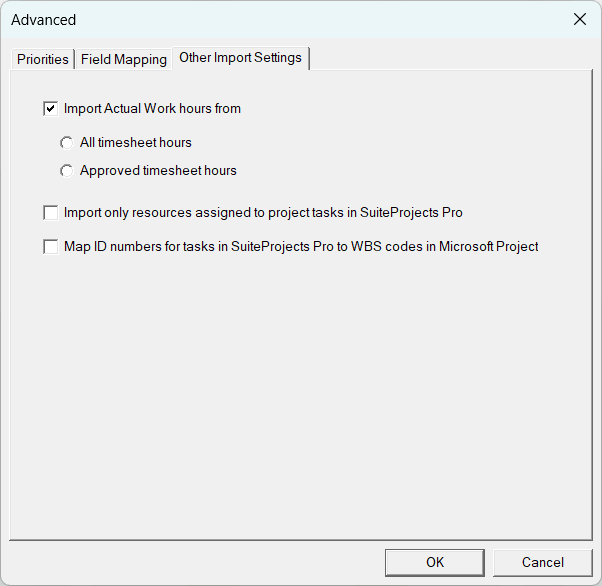 Advanced Export Settings Settings tab in Microsoft Project
