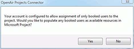 Only Booked users as available resources dialog in Microsoft Project using the OpenAir toolbar add-in.